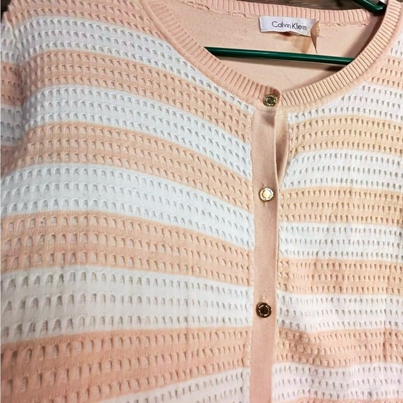 Calvin Klein Cream White & Peach Striped Button Down Cardigan - Picture 2 of 8